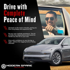Modern Spare Model Y complete spare tire kit with jack and tools.