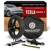 Modern Spare Model Y spare wheel ready for quick roadside replacement.