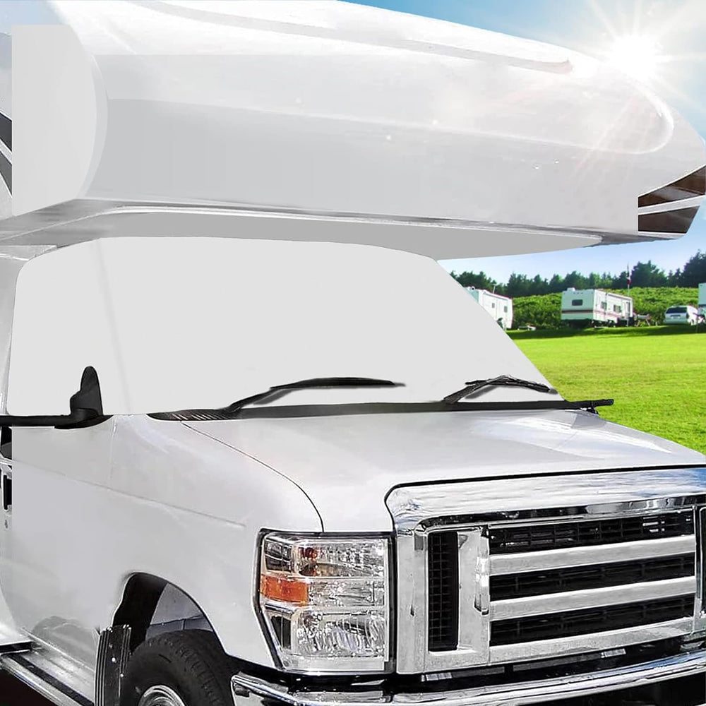 MOFEEZ RV windshield cover on Class C Ford with privacy and heat protection