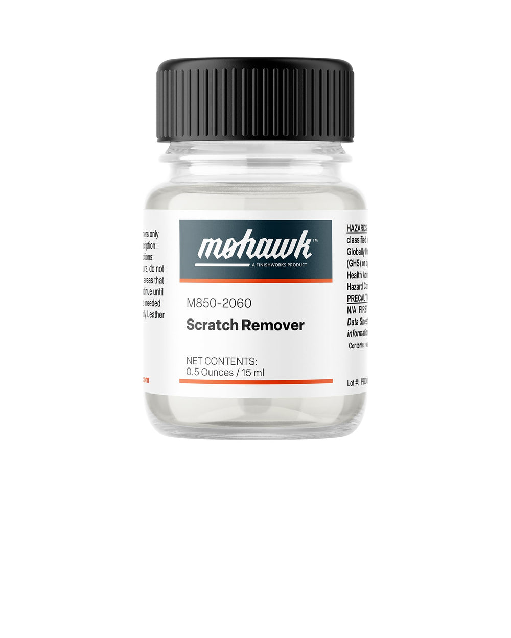 Mohawk Leather Scratch Remover bottle shows color restoration on leather surfaces