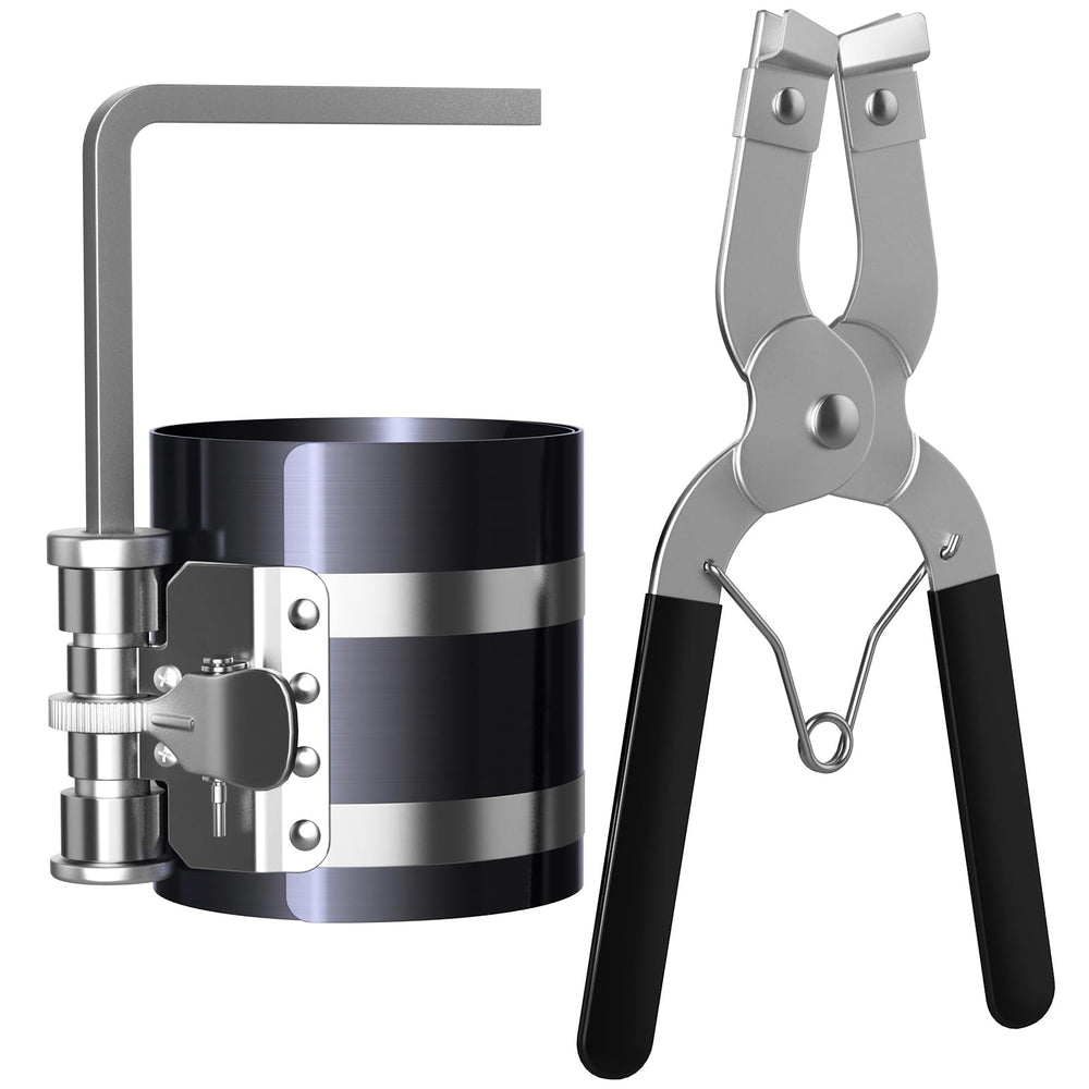Moker piston ring compressor shows diameter range from 2-1/8 to 7 inches.