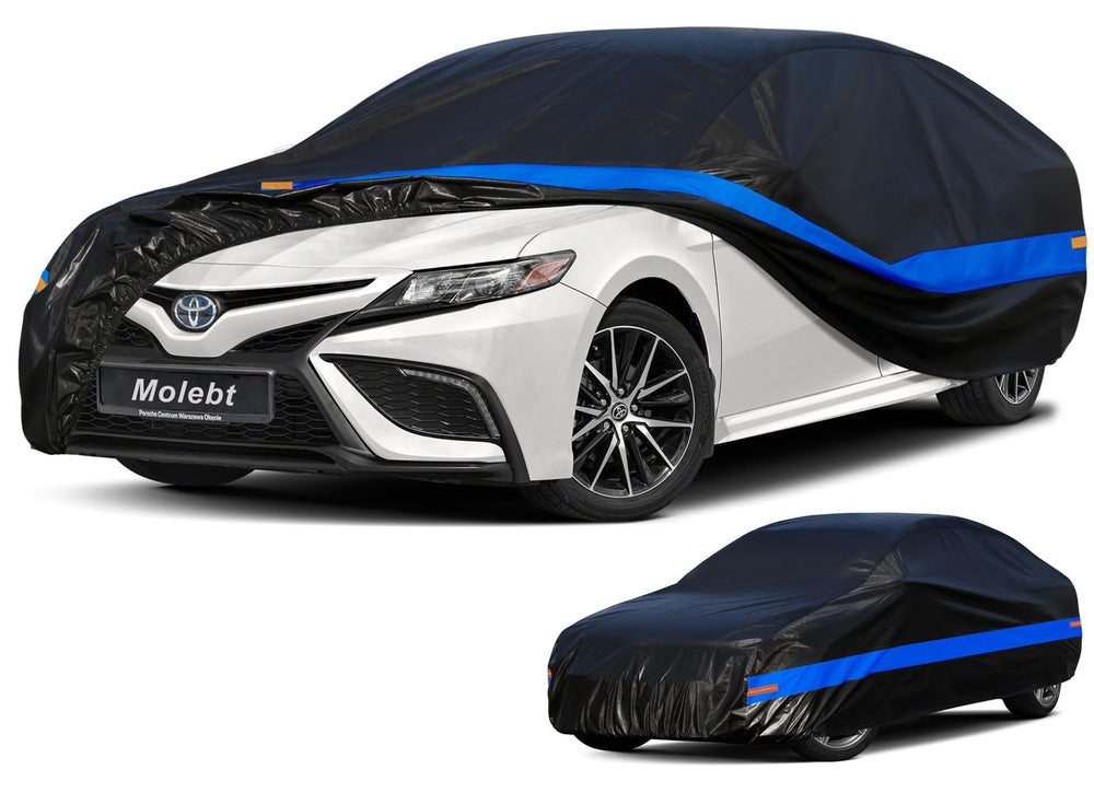 Molebt car cover front view showing universal fit and weather protection.
