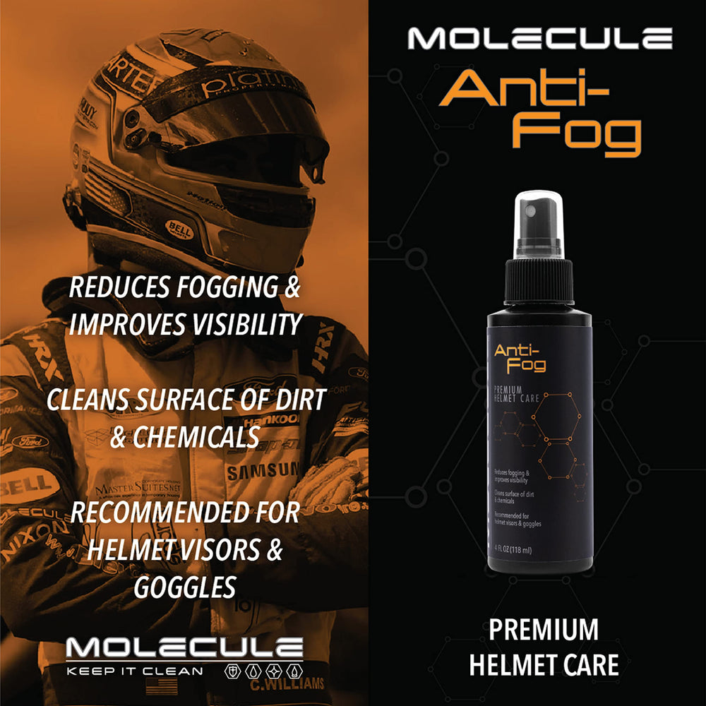 Molecule Anti-Fog spray reduces interior fog on visors for clearer visibility.