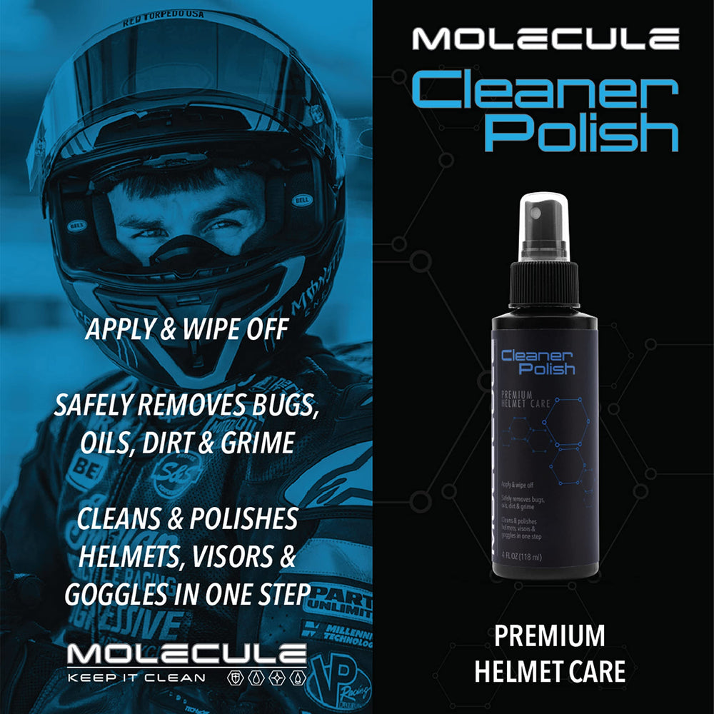 Molecule helmet care kit Cleaner-Polish bottle for streak-free helmet shine.