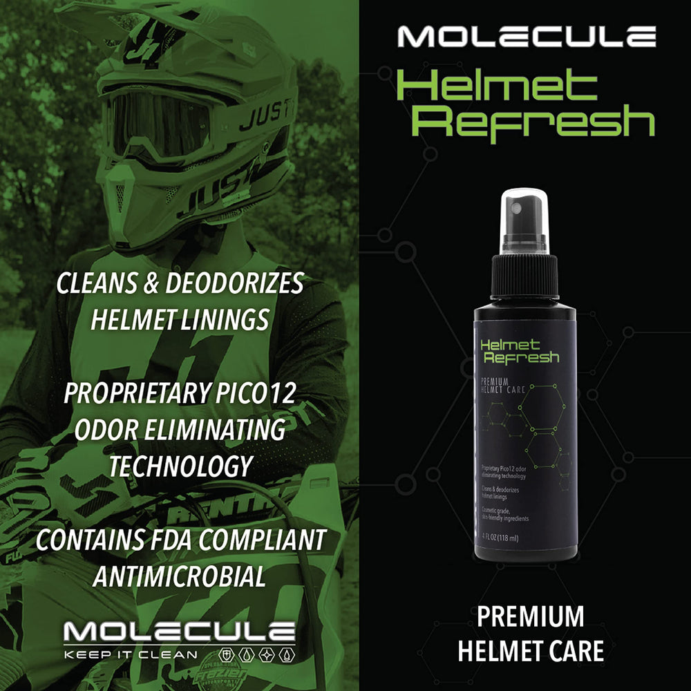 Molecule helmet care kit Rain Repel bottle beads water for smooth wiping.