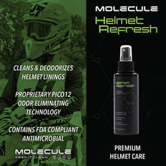 Molecule helmet care kit Rain Repel bottle beads water for smooth wiping.