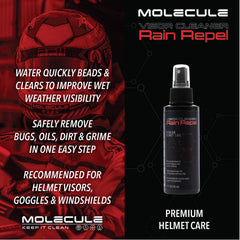Molecule helmet care kit Visor cleaning spray provides clear, fog-free visibility.
