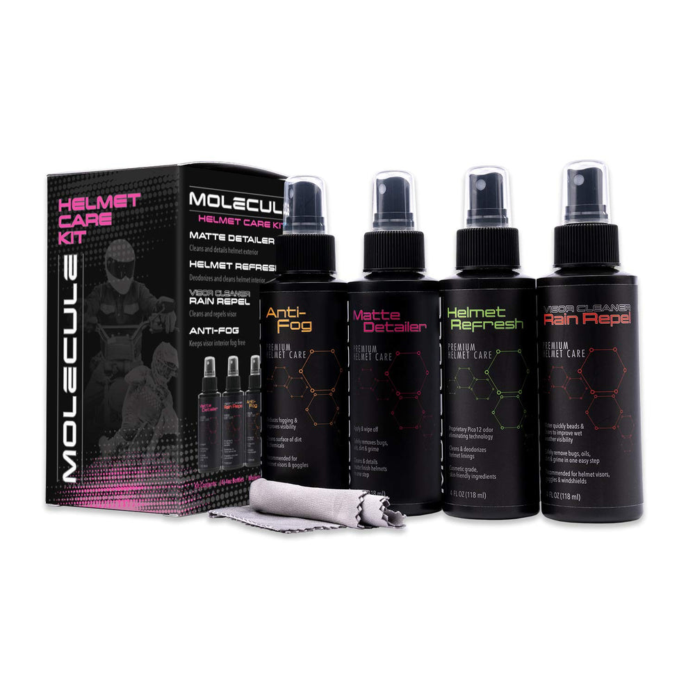 Molecule Matte Detailer bottle for maintaining a clean matte helmet finish.