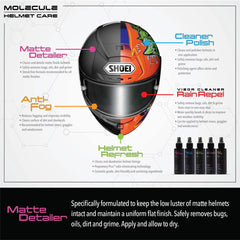 Molecule Matte Helmet Care Kit in use for on-the-go helmet maintenance.