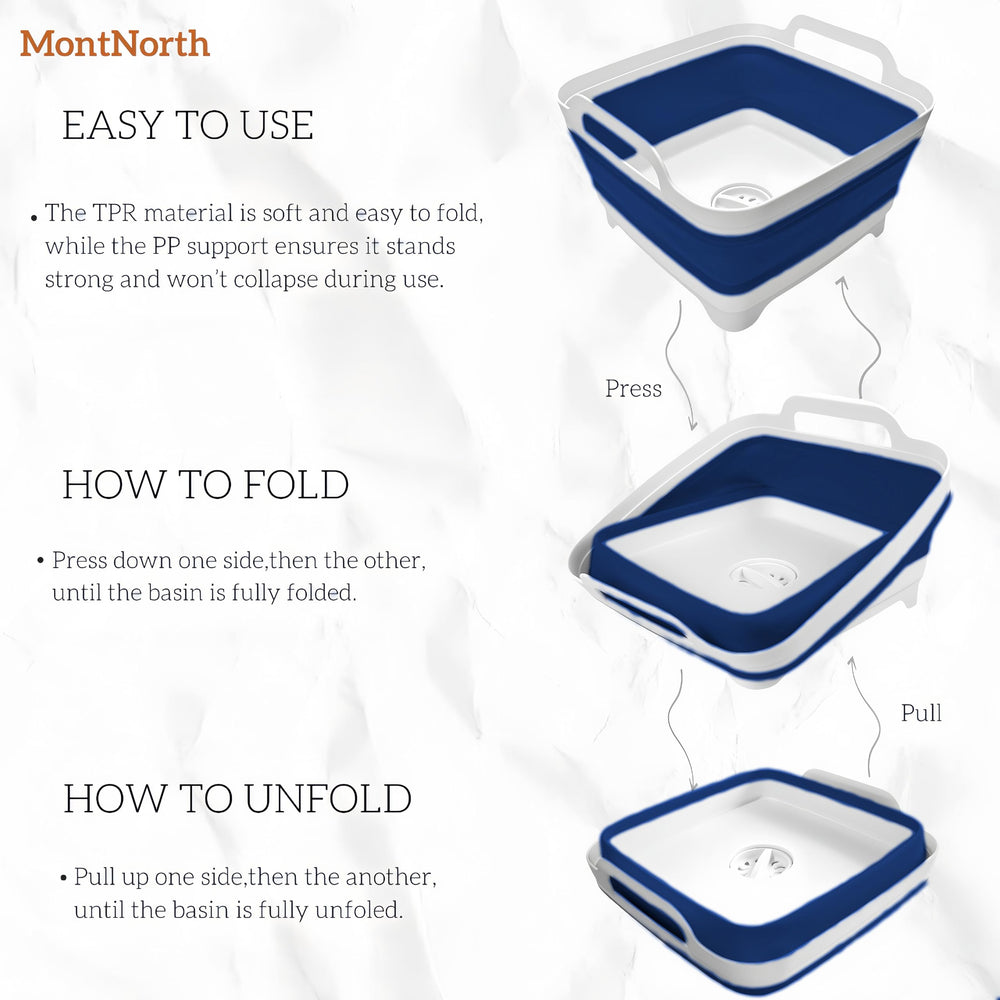 Folded MontNorth basin saves space in kitchen cabinets and backpacks