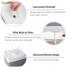 Sturdy 12x12 inch square shape for stable washing.