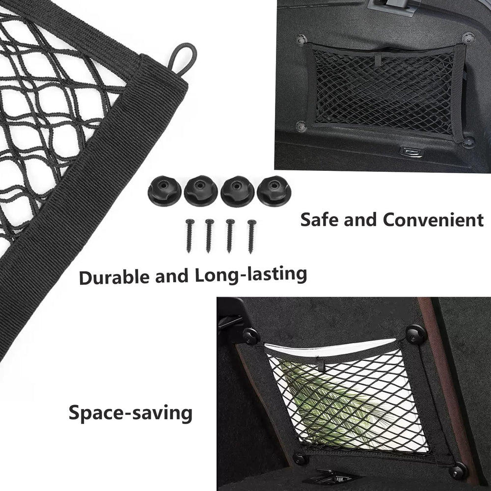 MOODKEY cargo net with screws and hooks demonstrates easy mounting.