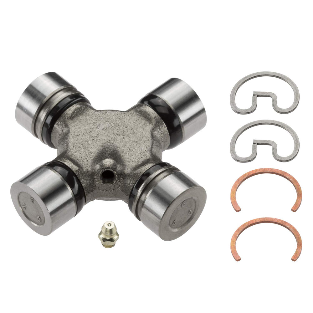 MOOG 355 greaseable U-joint close-up shows grease fittings for easy maintenance.