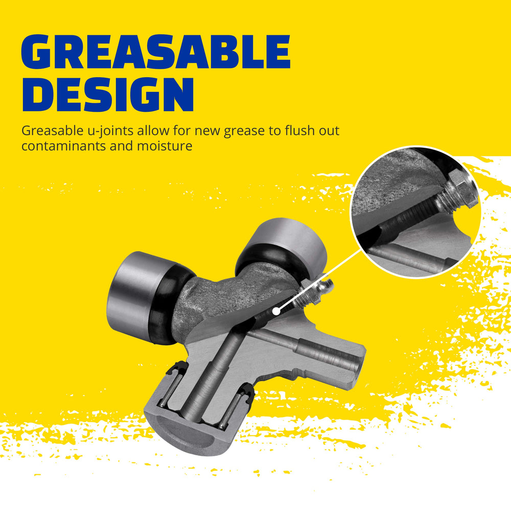 MOOG 355 greaseable U-joint machined steel cross ensures precise alignment under load.
