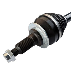MOOG CV Axle Assembly 10H002 intermediate shaft closeup with rust-protection coating visible.