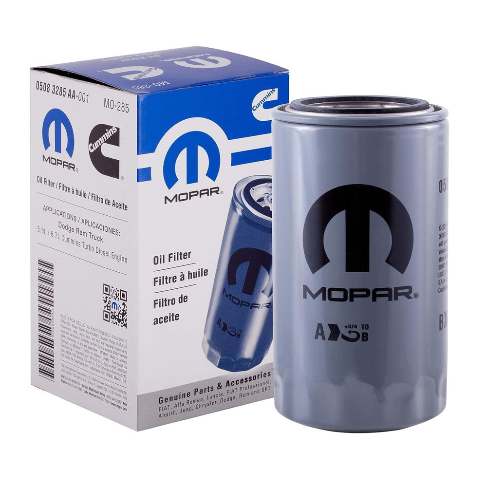 Mopar oil filter side view illustrating direct replacement fit and installation ease