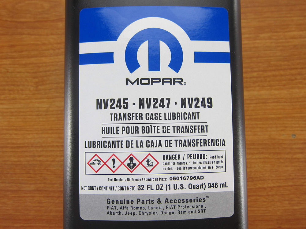 Mopar two-quarts lubricant NV247 transfer case label highlights OEM specification