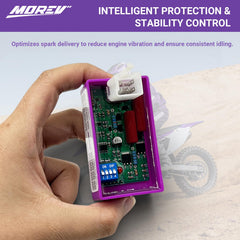 MOREV purple housing closeup showcasing vibration resistance and heat tolerance.