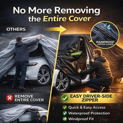 Drive side zipper access on Morhept car cover for easy interior entry