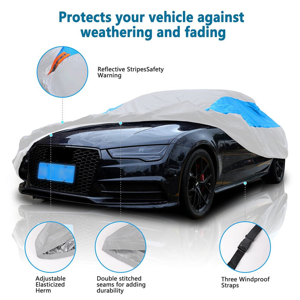 MORNYRAY sedan car cover with windproof hems and buckles securing a snug fit