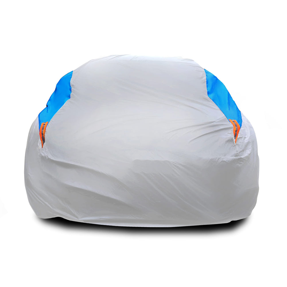 MORNYRAY waterproof car cover in silvery finish offering all-weather protection for sedans