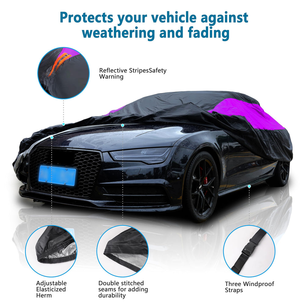 MORNYRAY car cover side view shows snug fit and wind resistance.