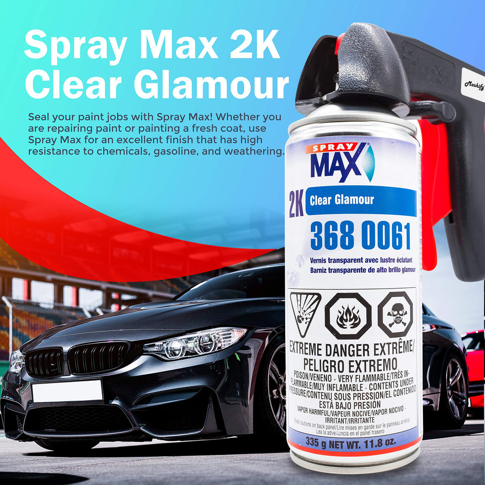 Moshify Spraymax 2K clear coat label close-up highlighting durability and curing potential.