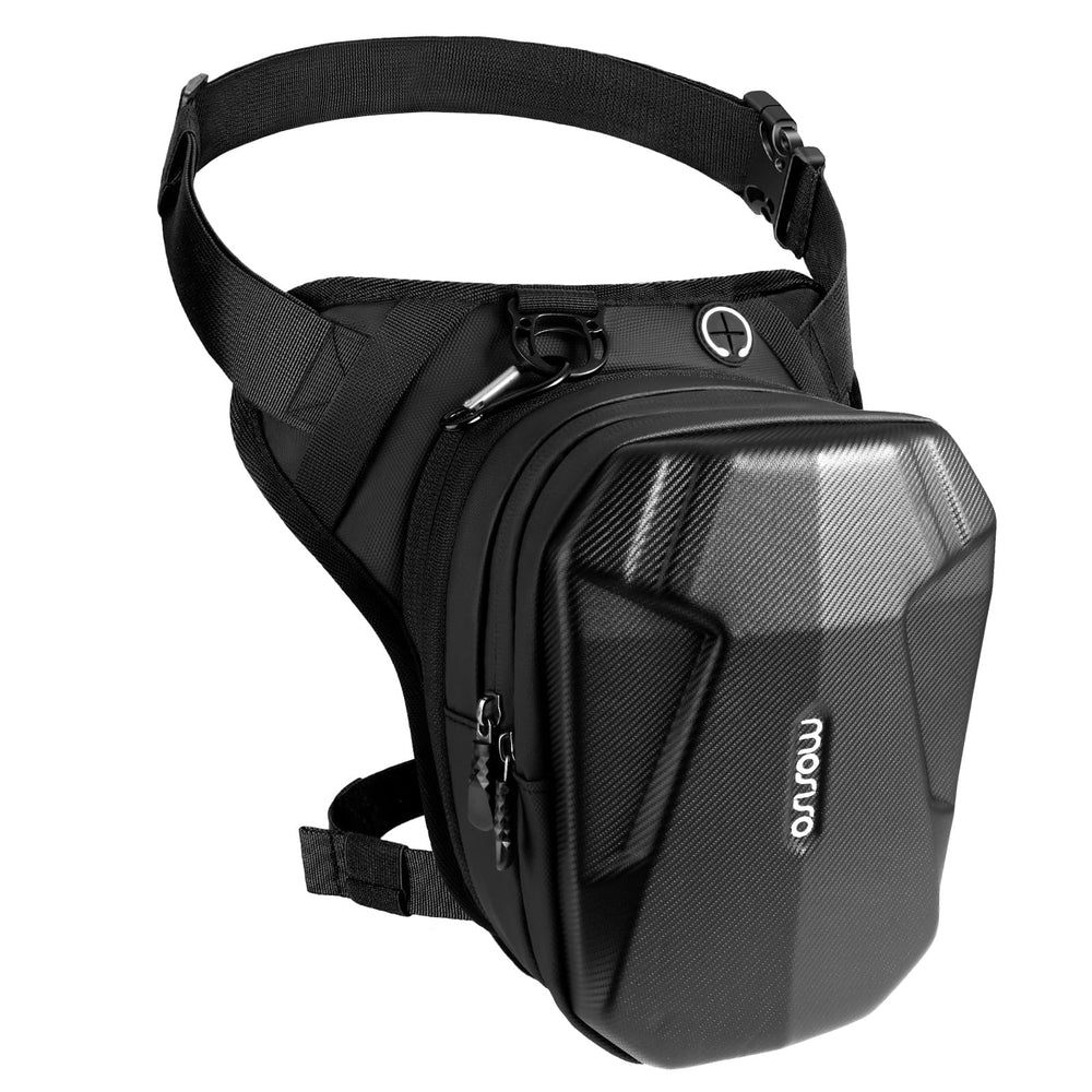 MOSISO motorcycle leg bag close-up showing rugged EVA shell with carbon fiber texture for durability.