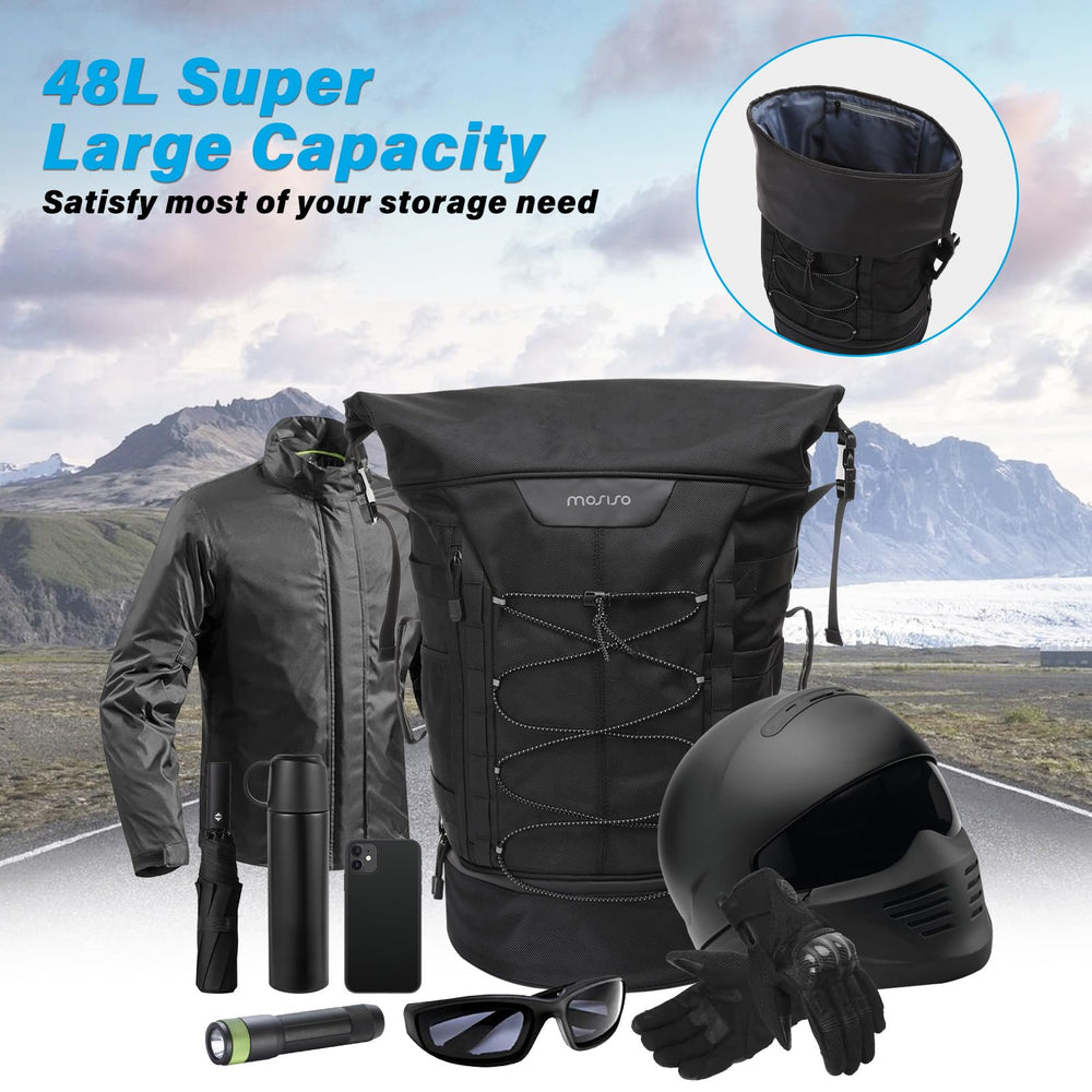 MOSISO expandable bag 48L capacity for extra gear on long trips.