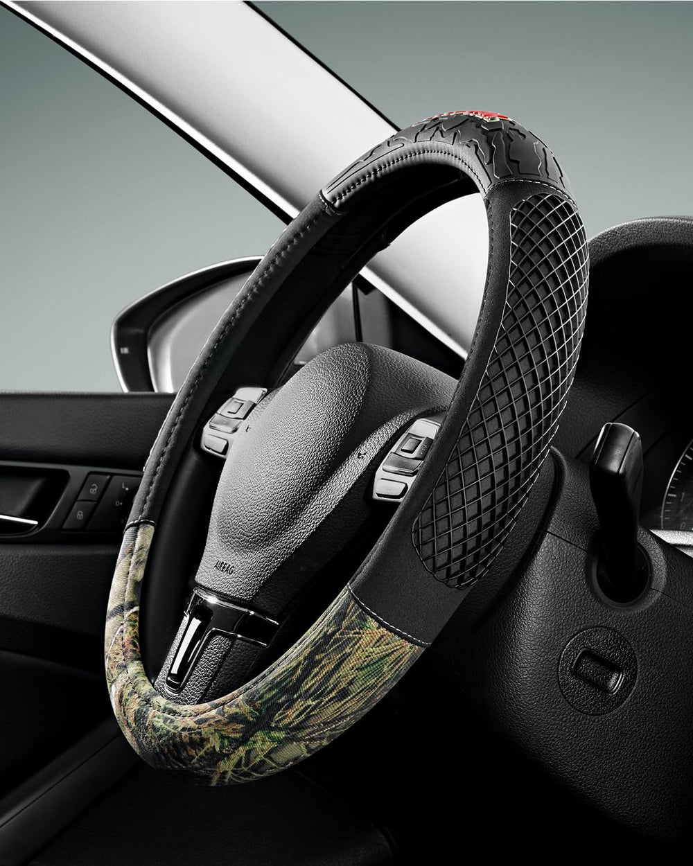 Mossy Oak camo steering wheel cover installs quickly for faster setup.