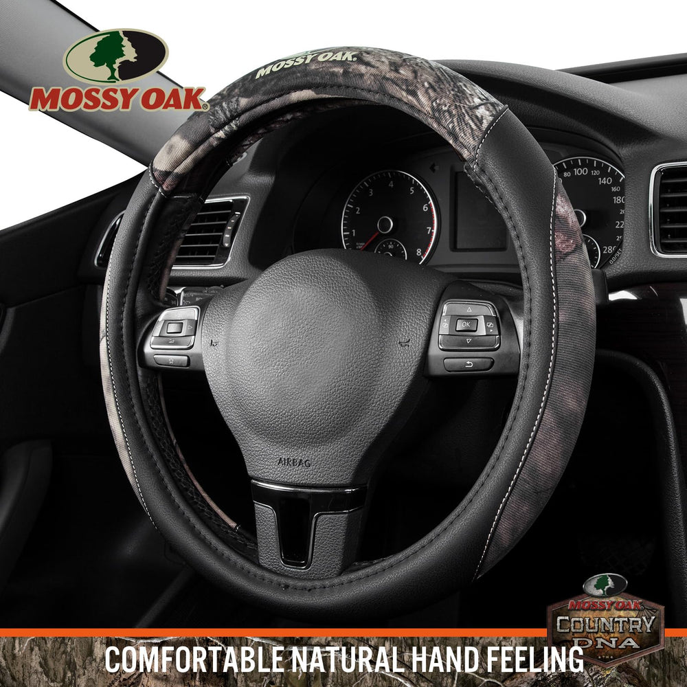 Mossy Oak camo steering wheel cover provides grip and temperature protection for hands.