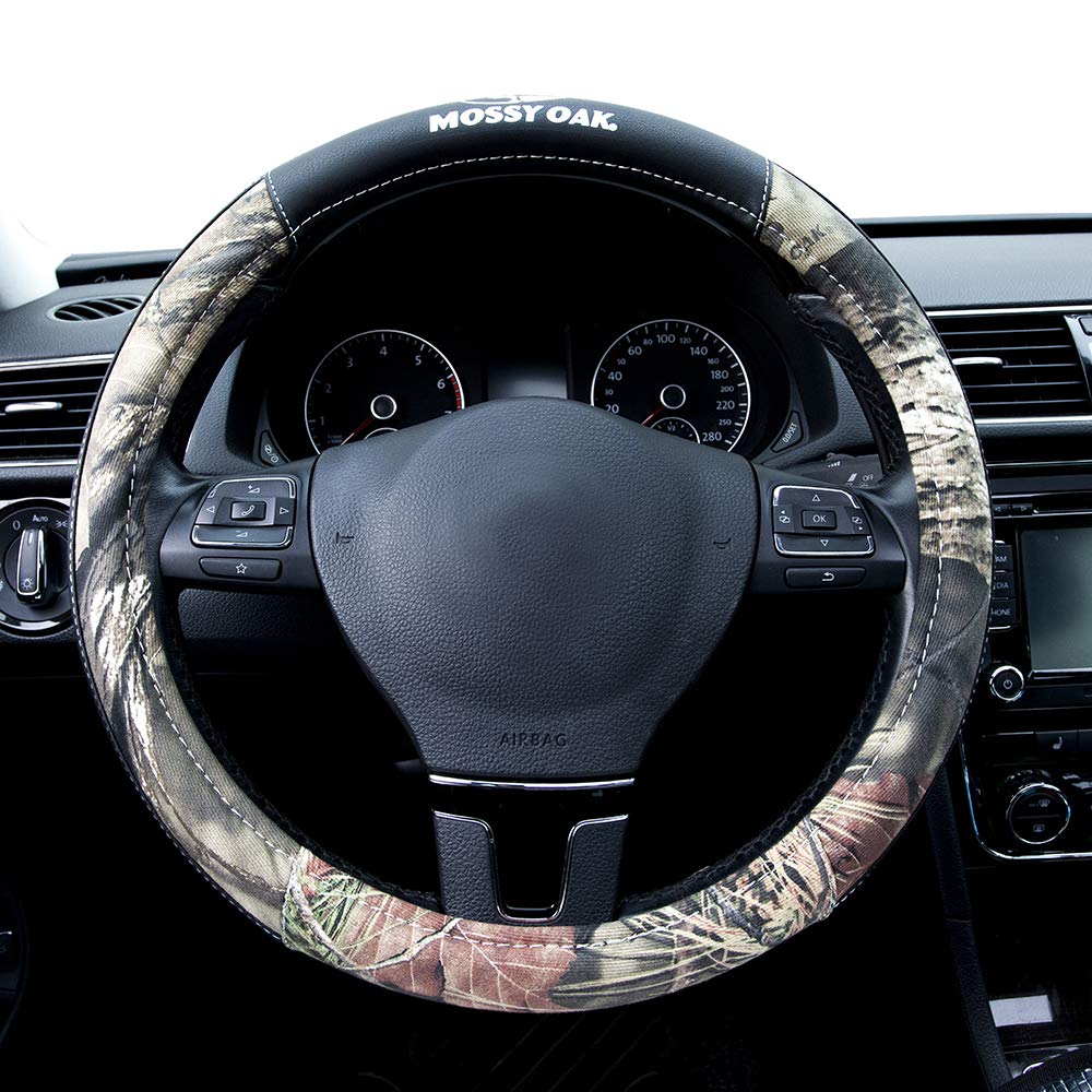 Mossy Oak camo steering wheel cover universal fit for most 15 inch wheels adds reliable grip.