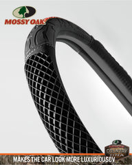 Mossy Oak camo steering wheel cover fits most 14.5–15 in wheels securely.