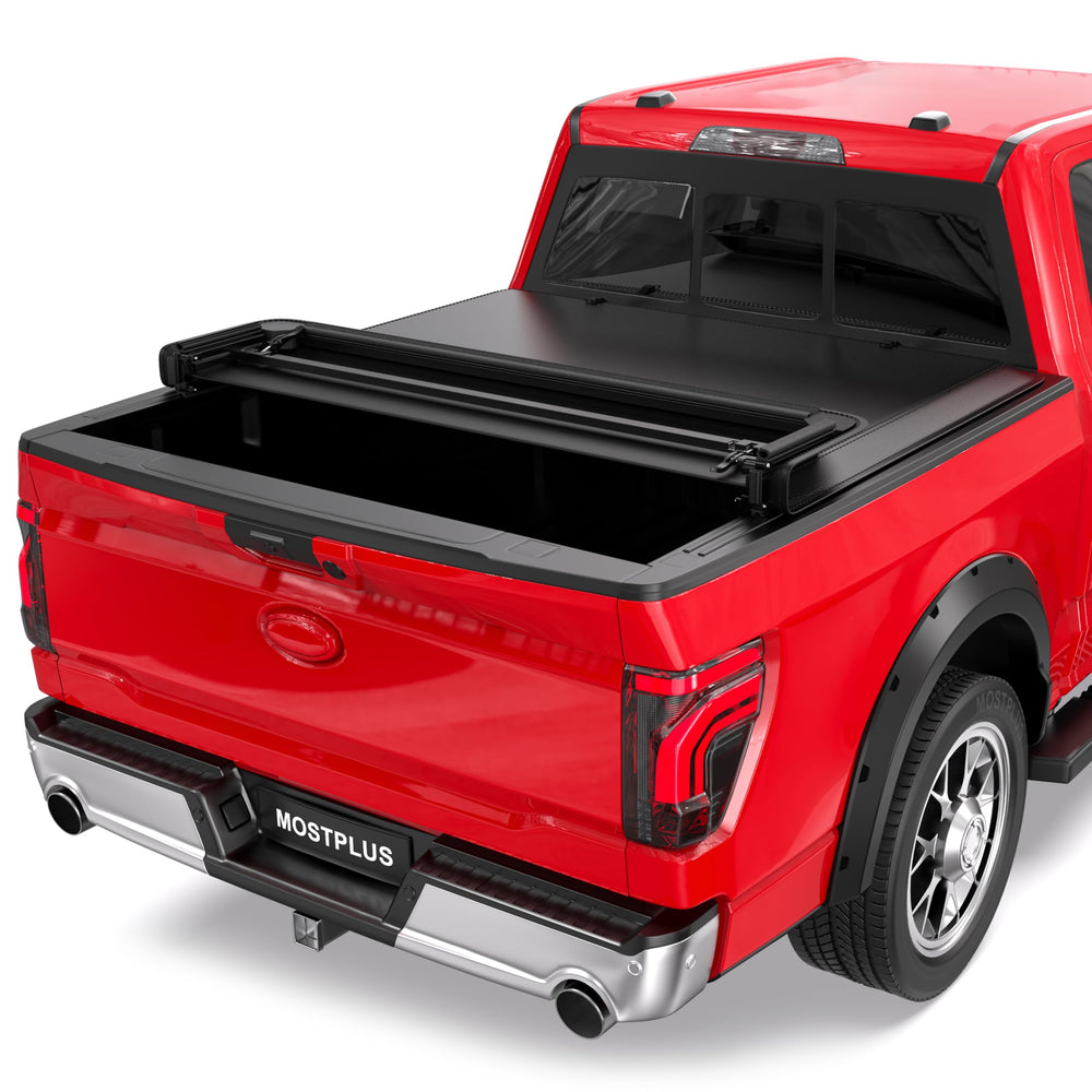 MostPlus quad-fold tonneau cover installed on Ford F-150 for secure bed access.