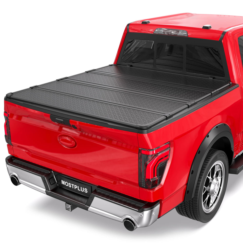 MOSTPLUS quad-fold tonneau cover on Ford F-150 67-inch bed, secure and weatherproof.