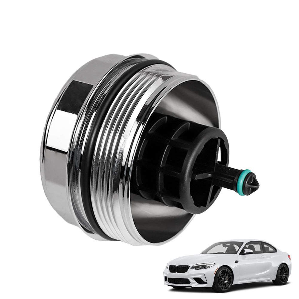 Motarithl upgrade aluminium oil filter housing cover cap close-up, featuring durable construction for BMW engines.