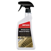 Mothers California Gold Waterless Wash & Wax spray bottle in use for quick, scratch-free cleaning