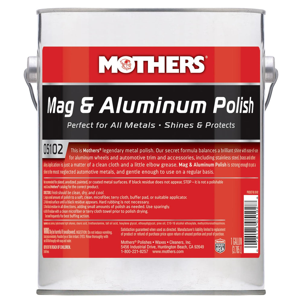 Mothers Mag Aluminum Polish bottle delivers a brilliant, mirror-like shine for metals.