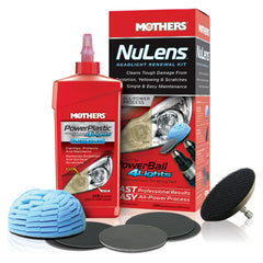 Mothers NuLens bottle of PowerPlastic polish for headlight renewal.