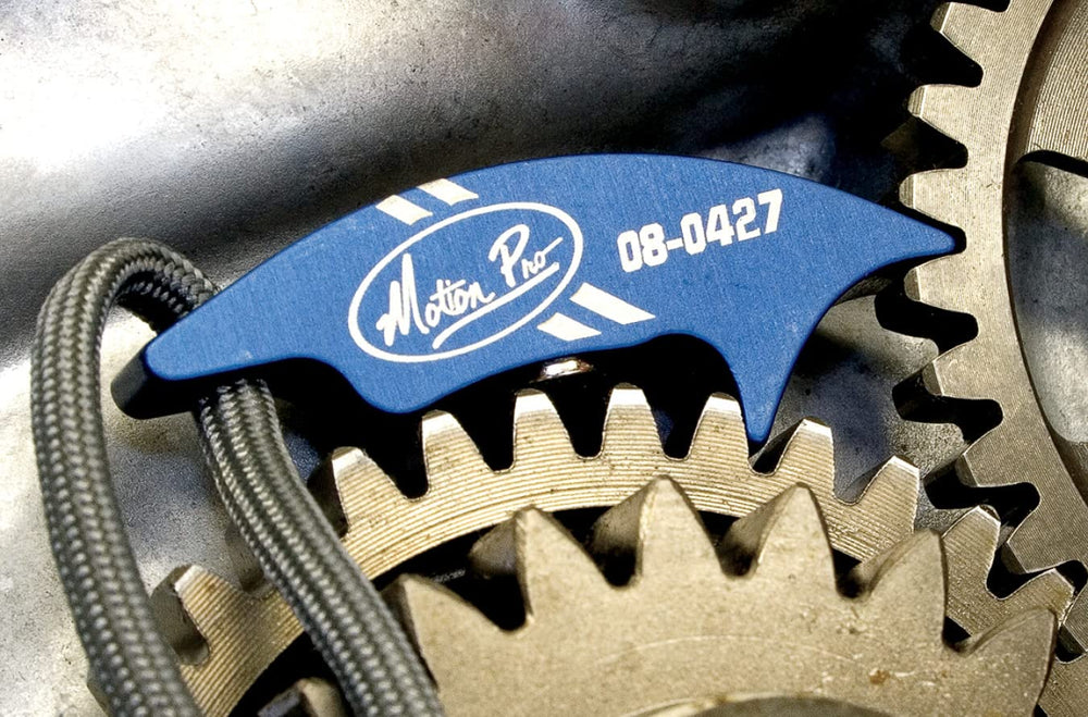 Motion Pro gear jammer tool in use; simplifies primary gear service on motorcycles