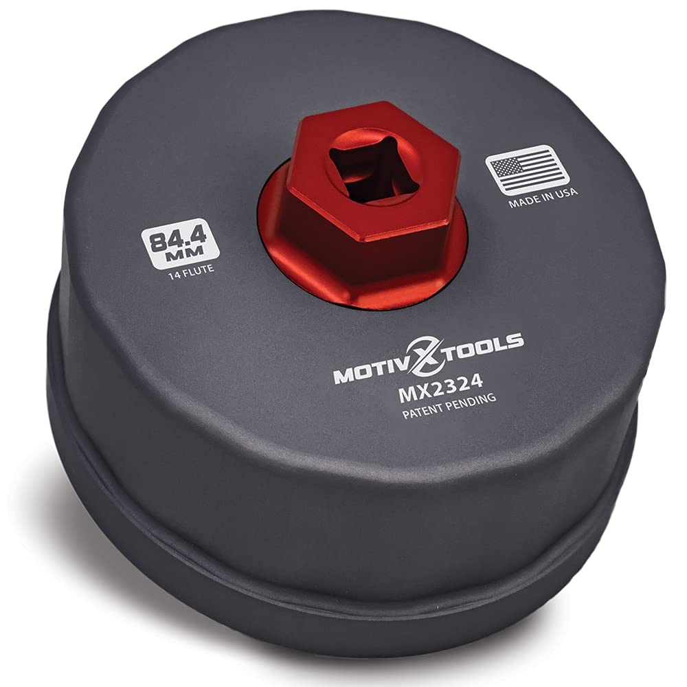 Motivx Tools MX2324-US 84mm-14-flute oil filter wrench enables quick cap removal.