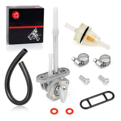 Moto1988 fuel filter and clamps in pack ready for quick replacement and leak prevention.