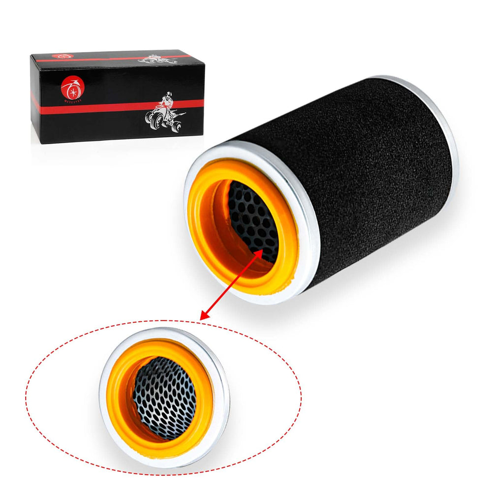 Packaging contents show foam filter, guide, and cap for replacement.