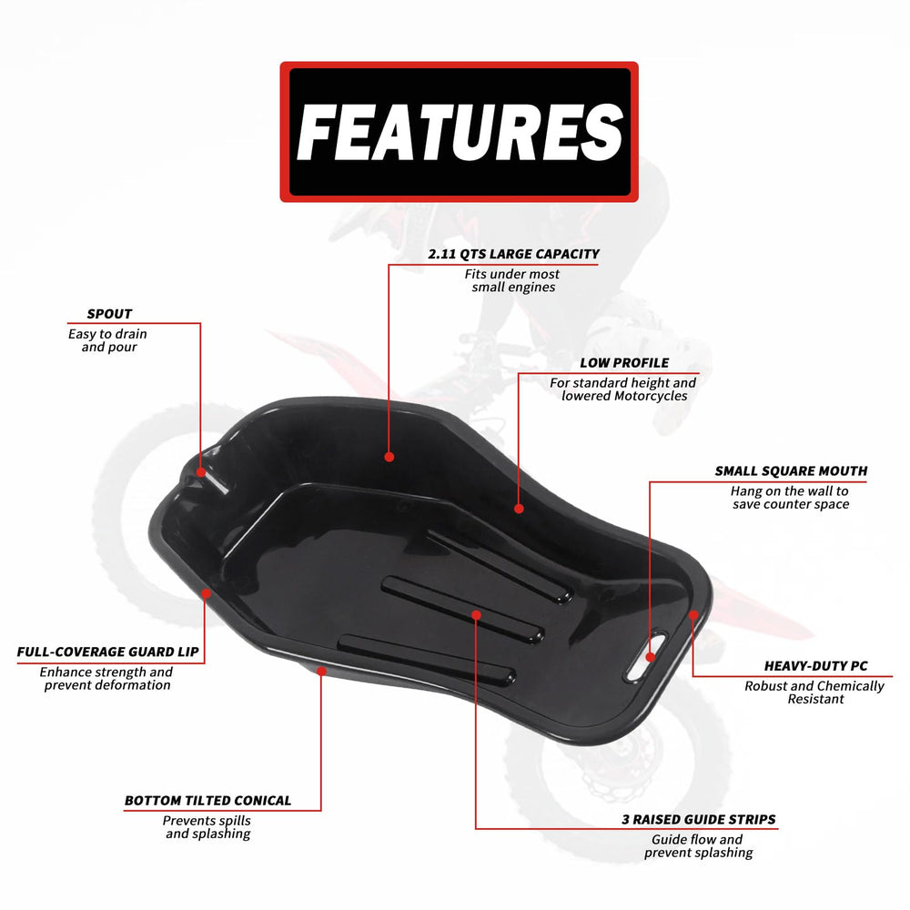 MOTO4U oil drain pan with spill-proof lip helps prevent messy splashes during oil changes.