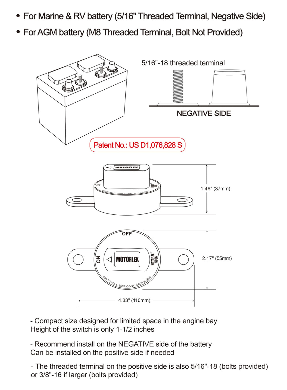 MOTOFLEX compact one-and-a-half-inch switch fits tight engine bays.