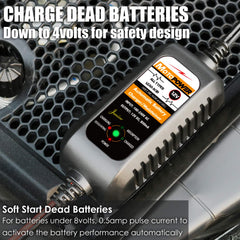 MOTOPOWER MP00205A battery connected setup showing safe charging