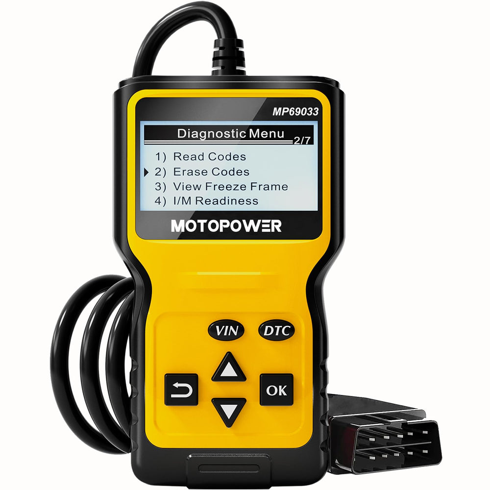 MOTOPOWER MP69033 scanner front view showing a 2.8-inch LCD display for quick diagnostics.