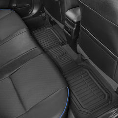 Visual guide showing trim-to-fit capability for Motor Trend Defender mats.