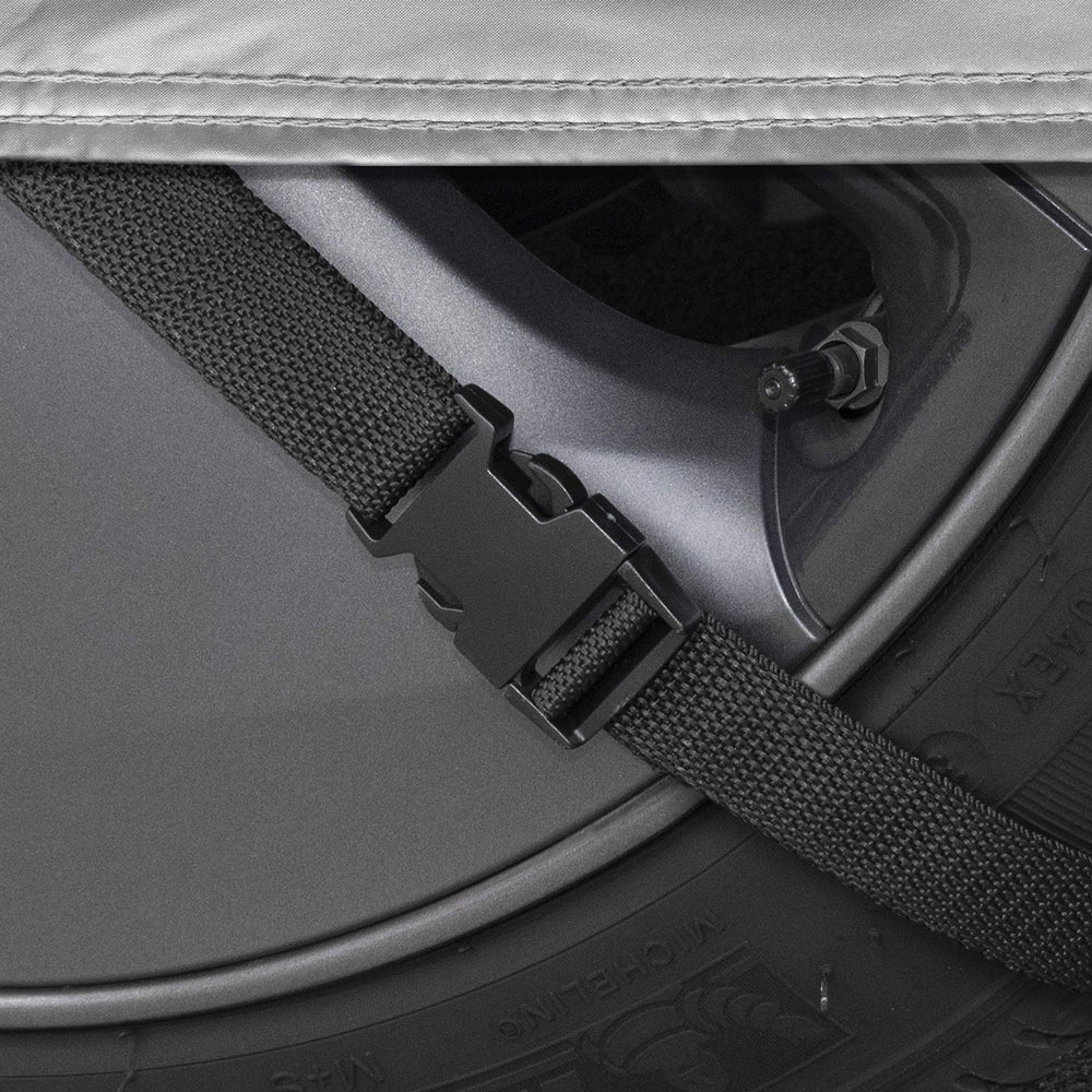 Motor Trend SafeKeeper elastic hem and straps secure against wind.