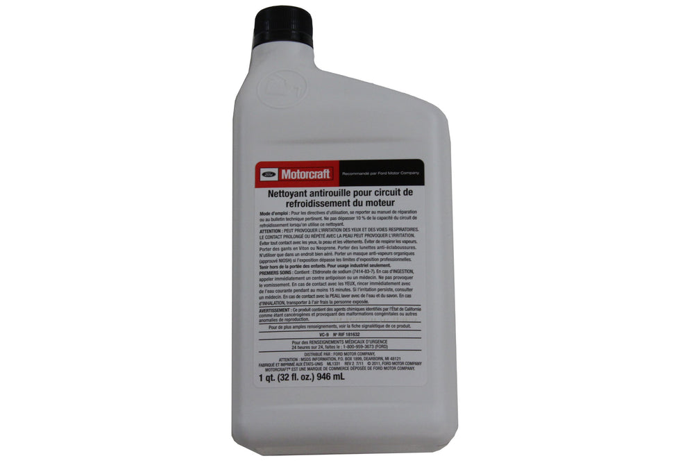 Motorcraft VC-9 bottle shows OEM iron cleaner for rust removal and sludge dispersion.